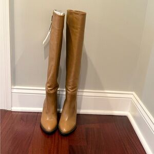 NWT Zara Tan Knee-High Heeled Leather Boots Size 7.5